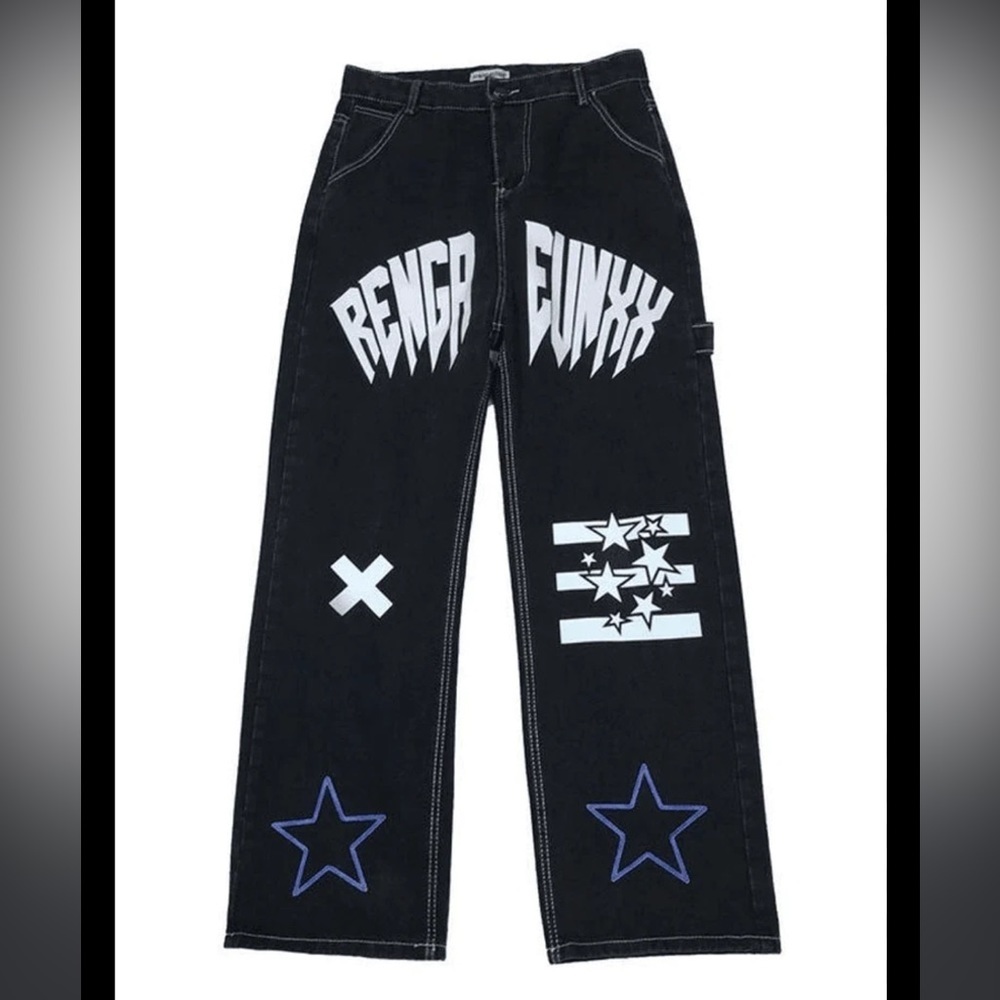 NWOT Star Letter Graphic Cargo Jeans Streetwear society Lg (30x29)